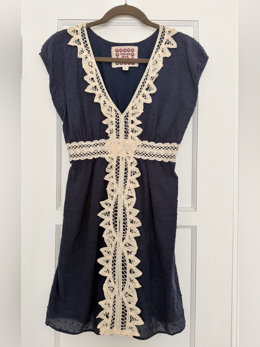 Chelsea & Violet Navy Cotton Voile Dress with Lace Trim